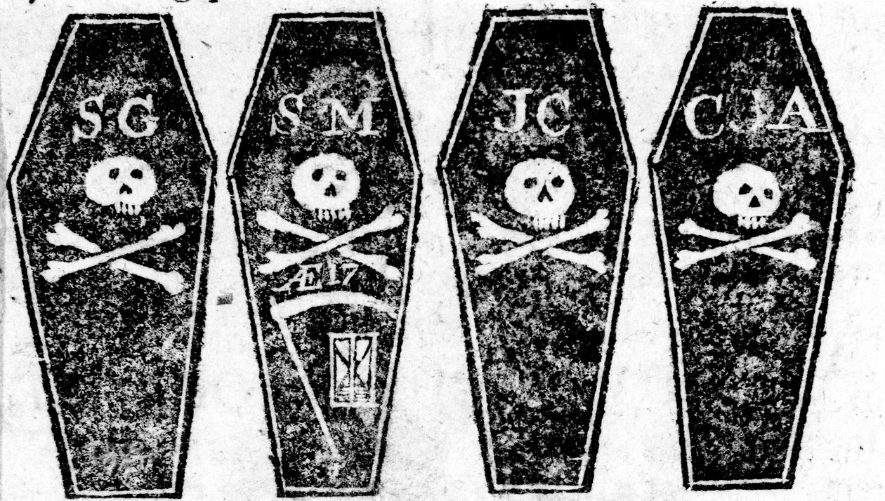 Ritning av de fyra kistorna från massakern i Boston, tryckt i Boston Gazette, 12 mars 1770 av Paul Revere