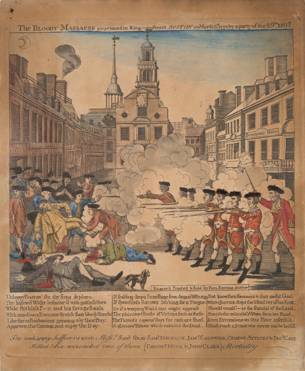 Den blodiga massakern som utfördes i King-Street Boston den 5 mars 1770 av ett parti från 29:e regt. av Paul Revere