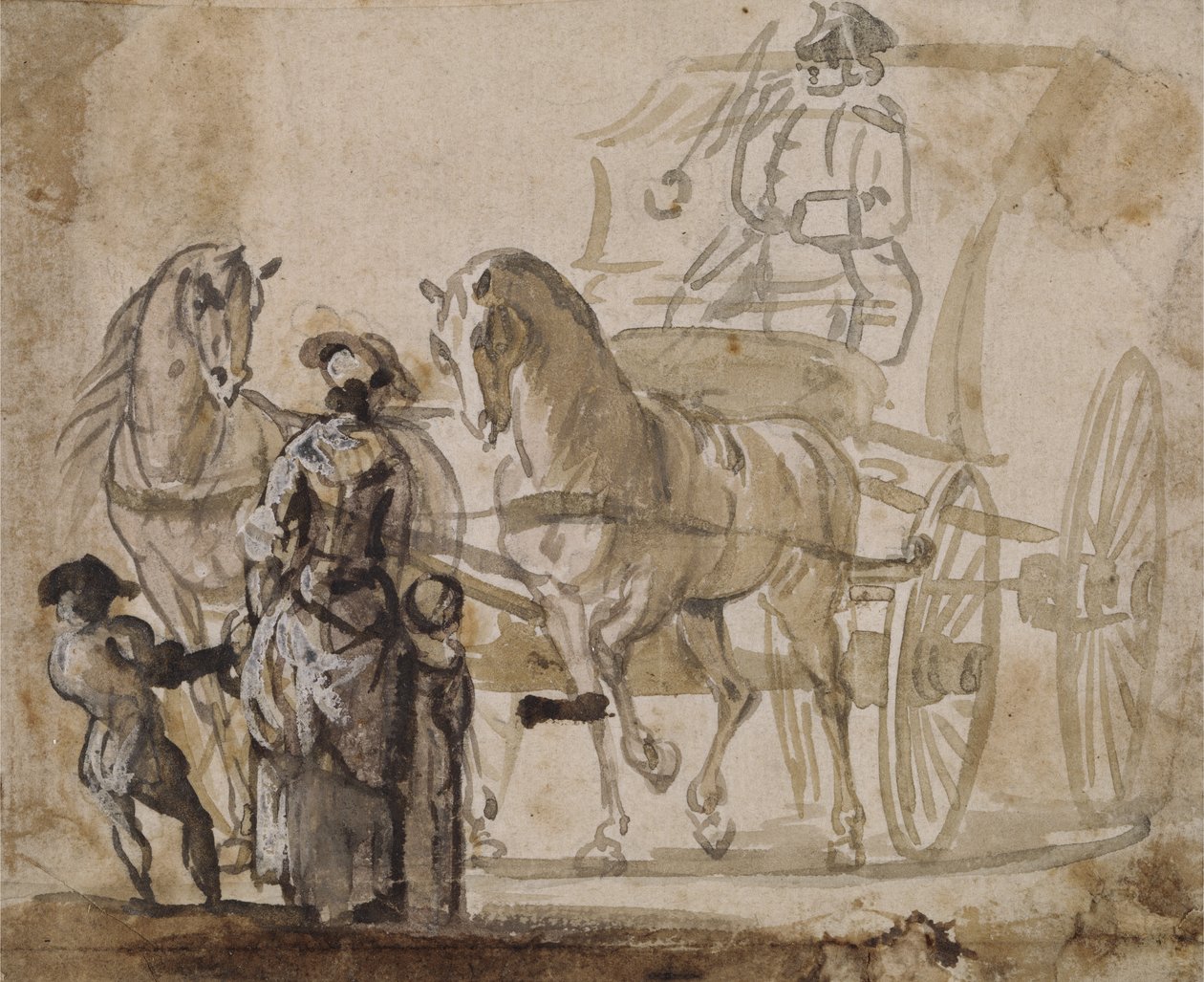 En vagn och ett par, med kusk (grå & brun tvätt förhöjd med vitt på papper) av Paul Sandby
