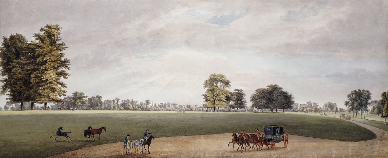 En vagn i parken vid Luton möts av ryttare och friskingföl, av Paul Sandby