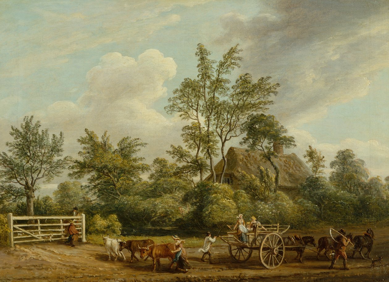 En hövagn med lantarbetare och boskap nära Easton Park, Suffolk (olja på duk) av Paul Sandby