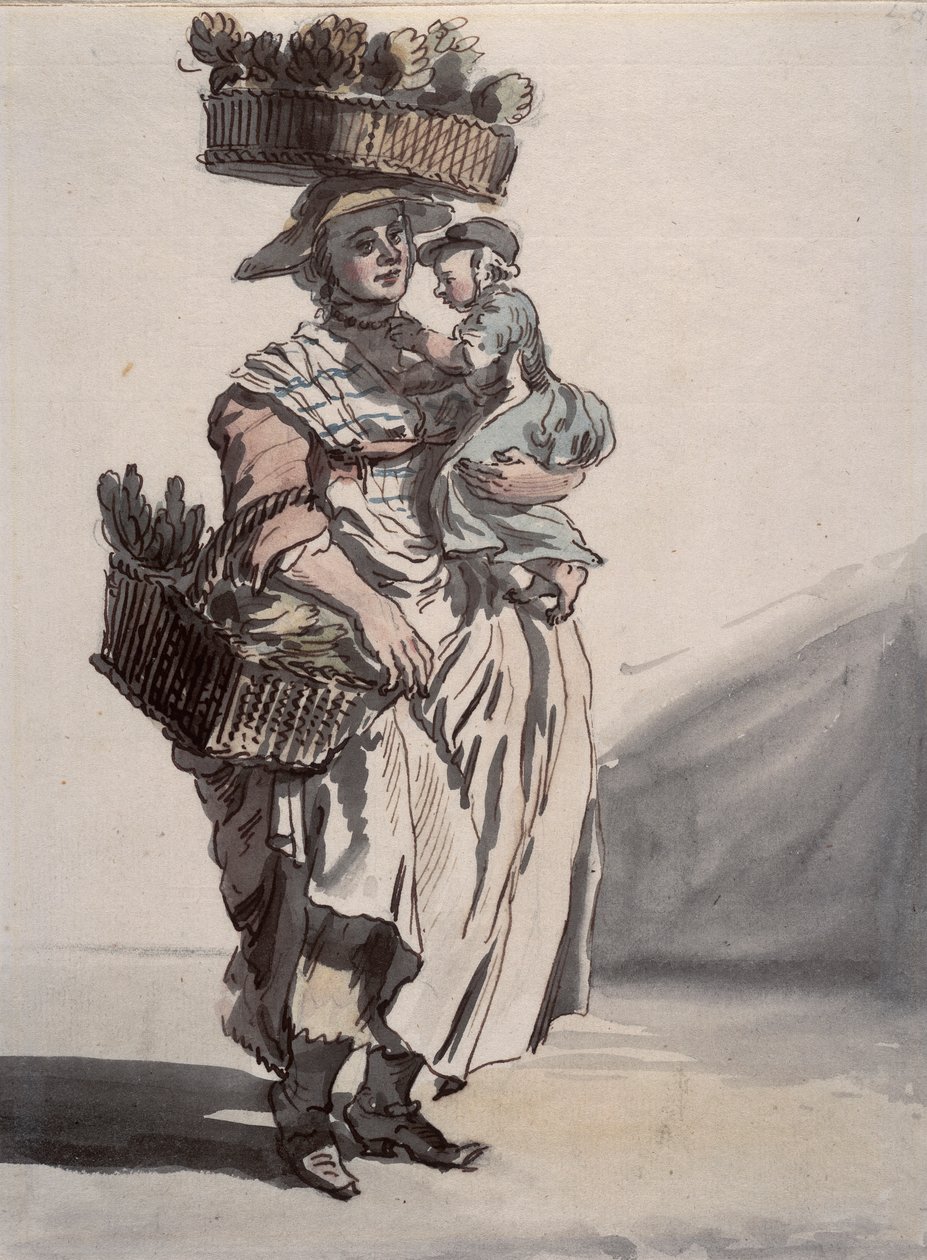 En grönsakssäljare i London som bär ett barn, 1759 av Paul Sandby