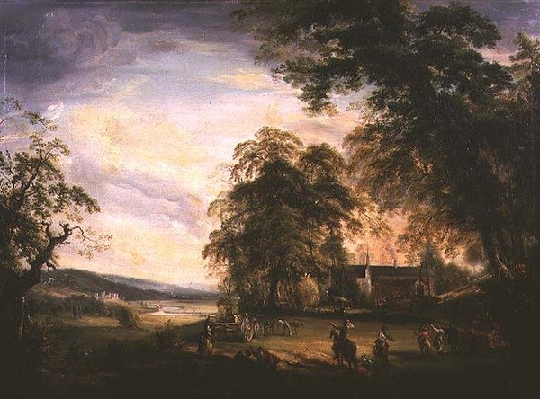 En vy av Arundel Castle med Country Folk Merrymaking vid en bondgård av Paul Sandby