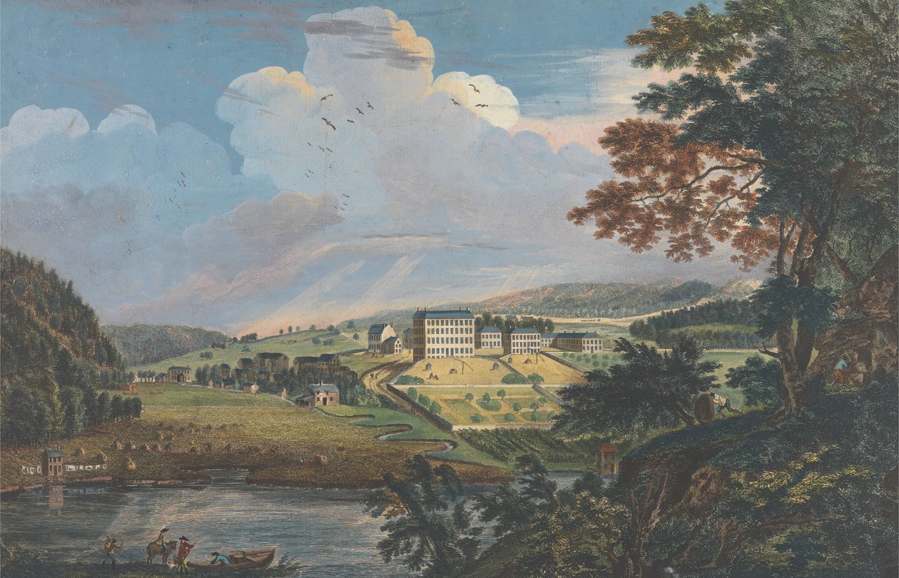 Vy över Bethlehem, den stora mähriska bosättningen i provinsen Pennsylvania av Paul Sandby