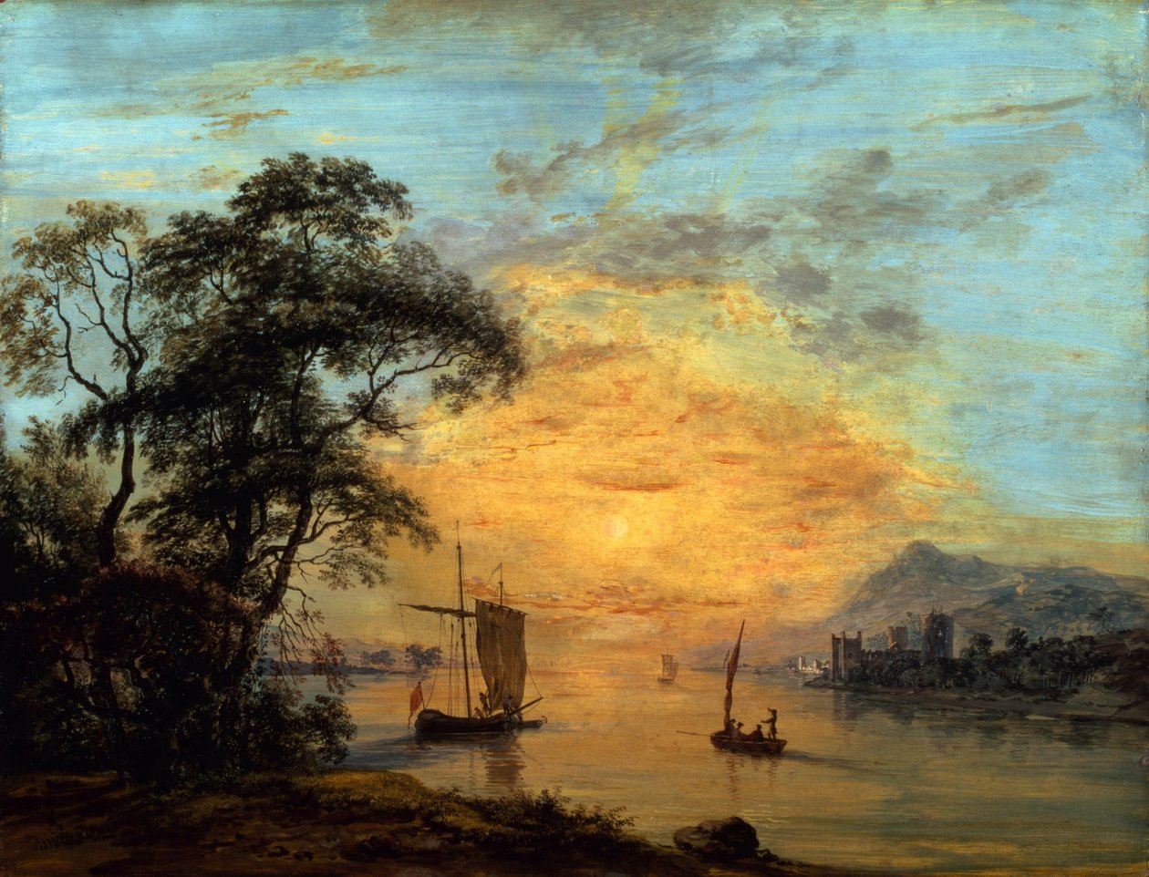 Ett flodlandskap med solnedgång i Wales. av Paul Sandby