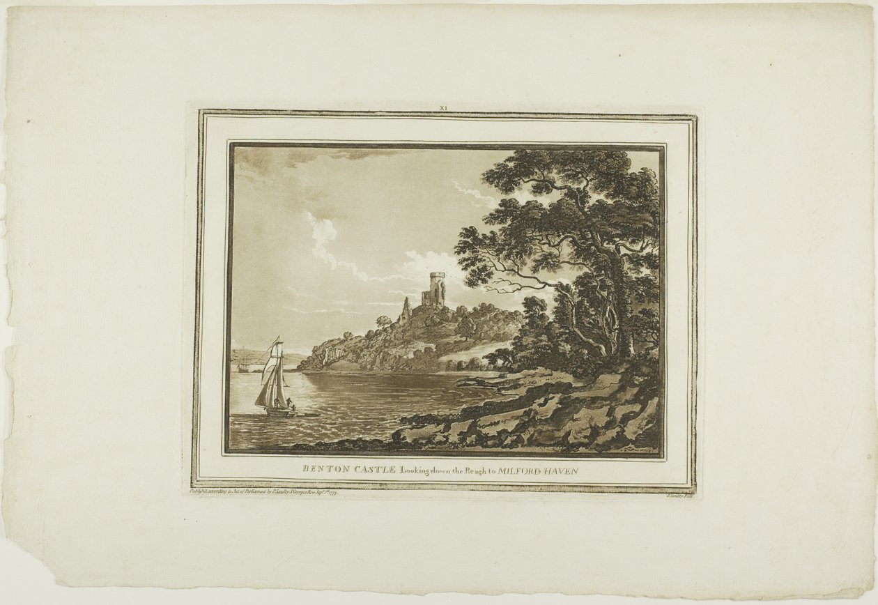 Benton Castle tittar ner längs Reach till Milford Haven, från tolv vyer i Aquatinta från teckningar tagna på plats i södra Wales av Paul Sandby