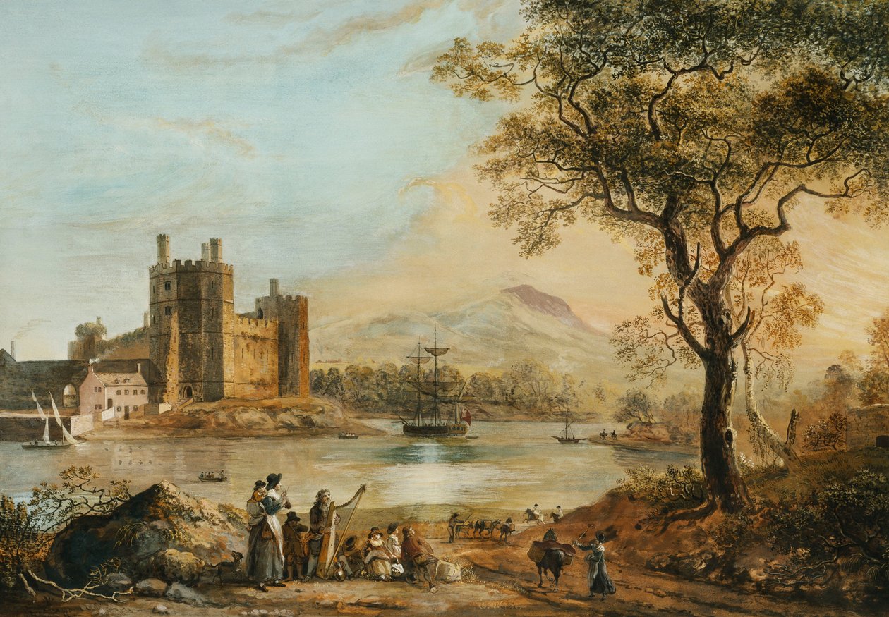 Caernarvon Castle, med en Harper i förgrunden, av Paul Sandby