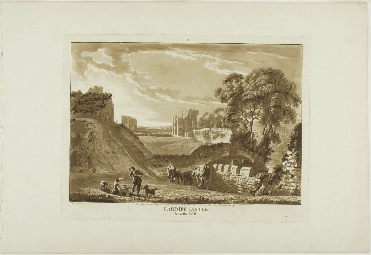 Cardiff Castle från väster, plansch två från Twelve Views in Wales av Paul Sandby