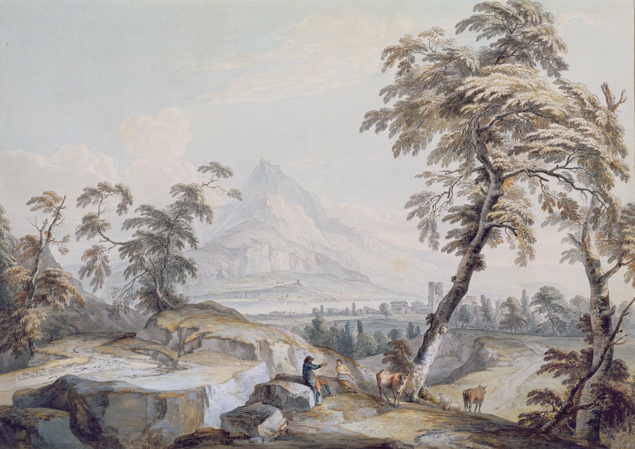 Italienskt landskap med resenärer, nr 1 (w/c på papper) av Paul Sandby