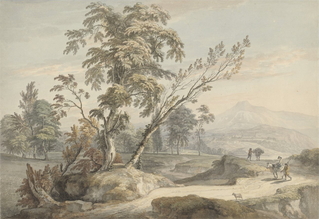 Italienskt landskap med resenärer nr 2, ca 1760 (akvarell, penna och grått bläck över grafit) av Paul Sandby