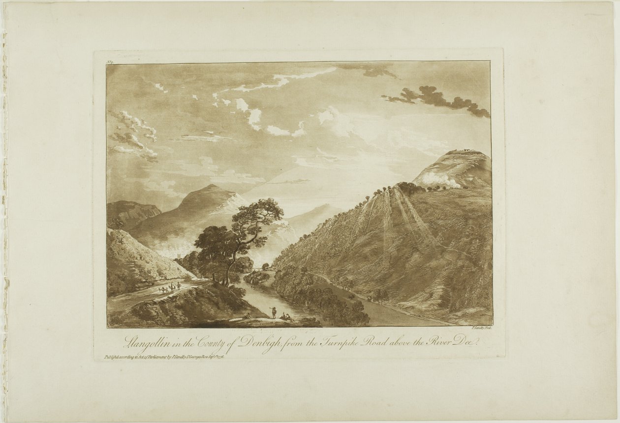 Llangollin i grevskapet Denbigh, från Turnpike Road Above the River Dee av Paul Sandby