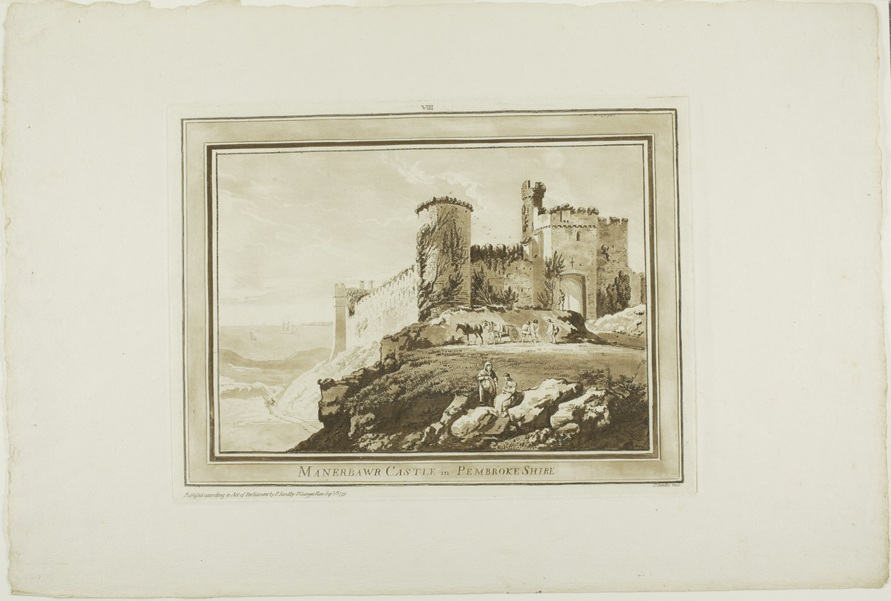 Manorbier Castle i Pembrokeshire, från tolv vyer i Aquatinta från teckningar tagna på plats i södra Wales av Paul Sandby