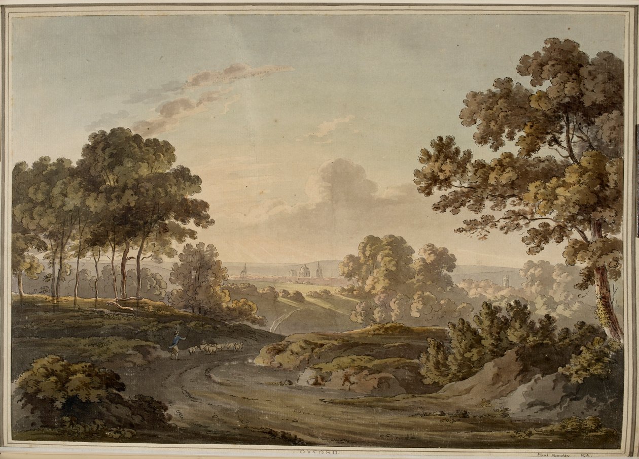 Oxford [grafik]. Herde som vallar får på vägen mot Oxford, som är synlig vid horisonten upplyst av solnedgångens sken. av Paul Sandby
