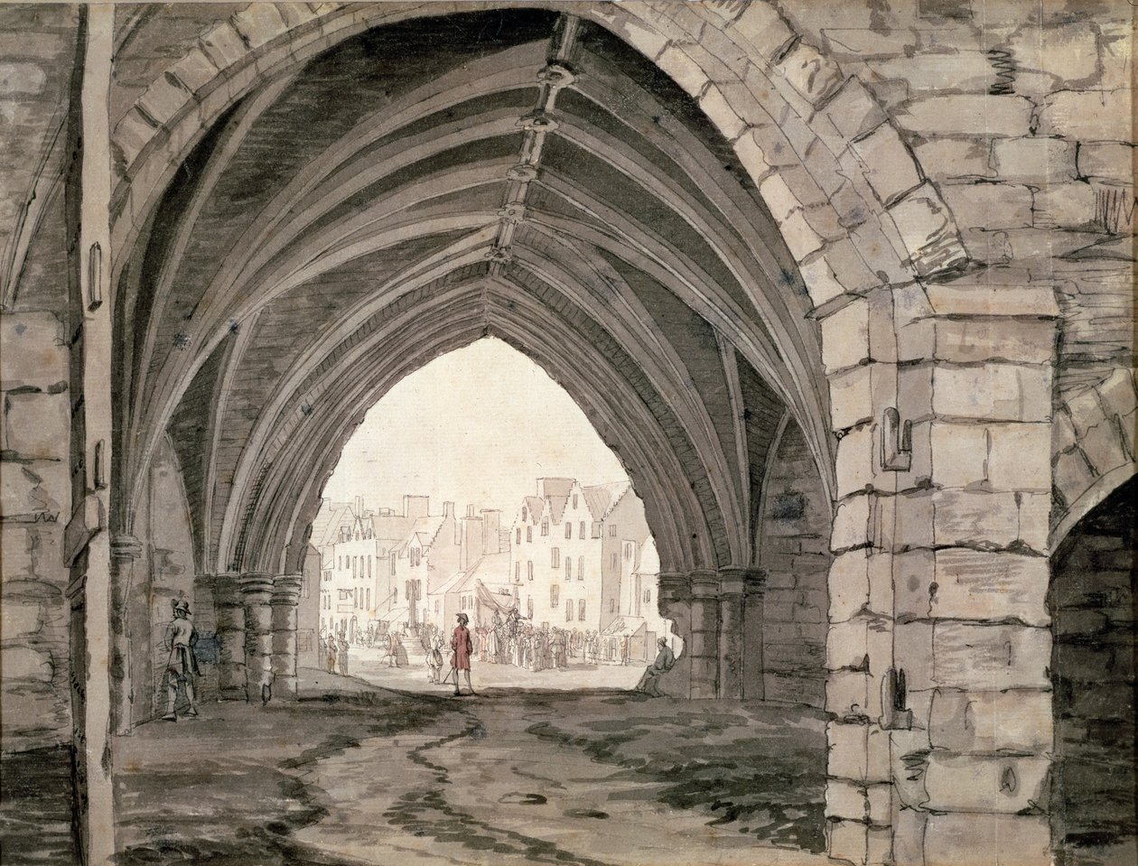 Del av Holyrood Abbey med utsikt över Canongate (penna och bläck med tvätt) av Paul Sandby