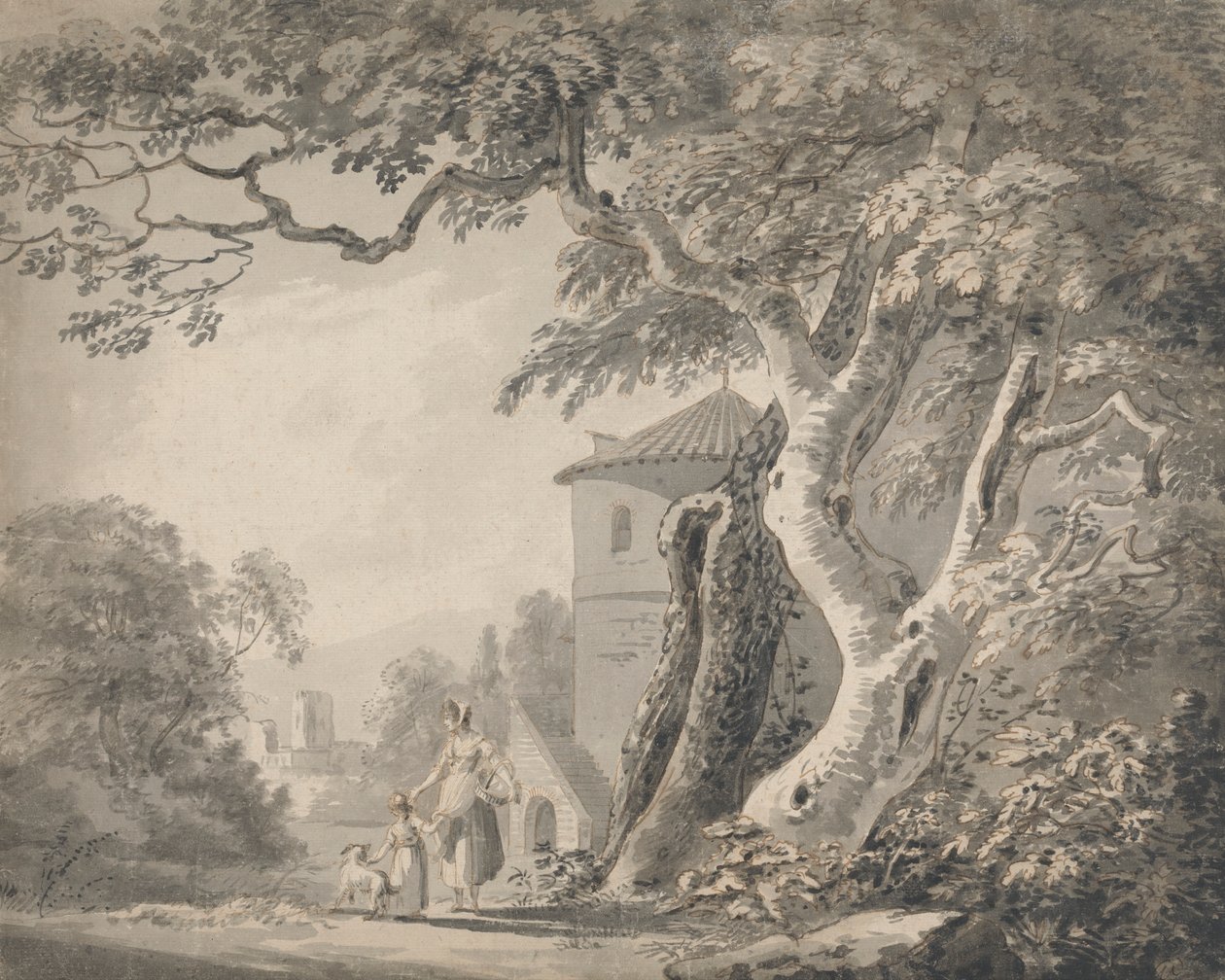 Romantiskt landskap med figurer och en hund av Paul Sandby