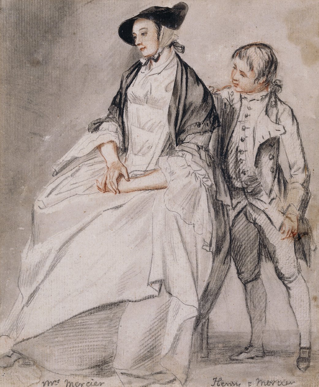 Studie av fru Mercier sittande i en stol, och hennes yngste son, Henry Mercier som står bakom henne, av Paul Sandby
