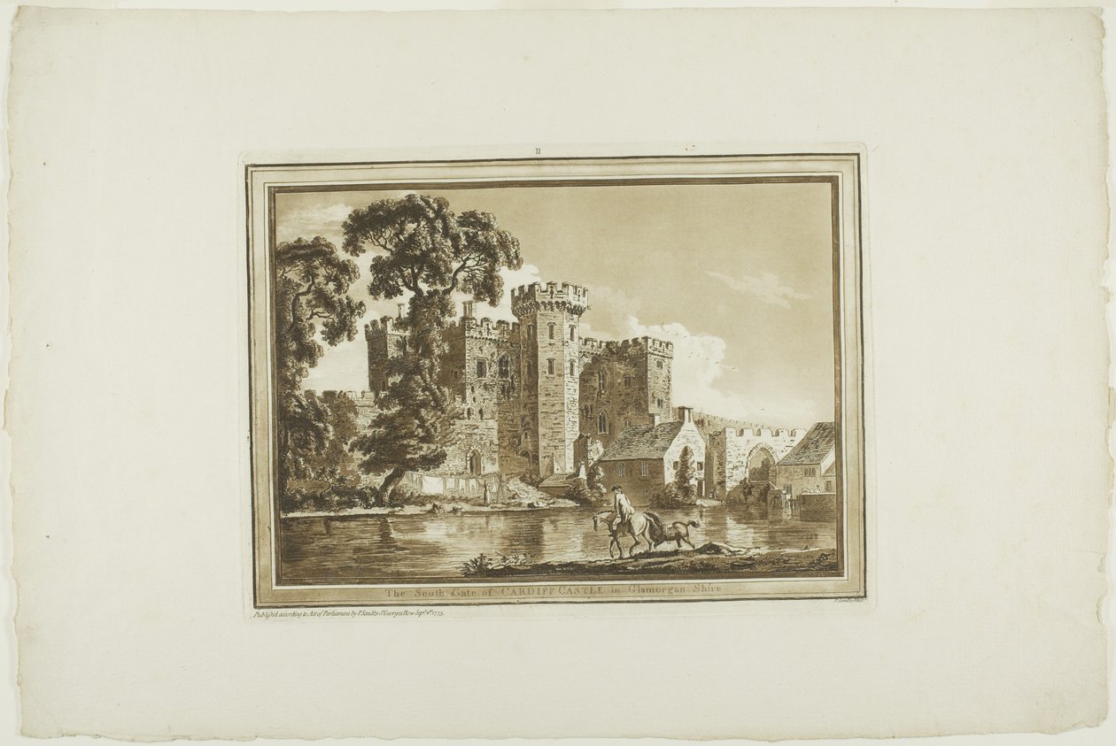 South Gate of Cardiff Castle i Glamorgan Shire, från tolv vyer i akvatint från teckningar tagna på plats i södra Wales av Paul Sandby