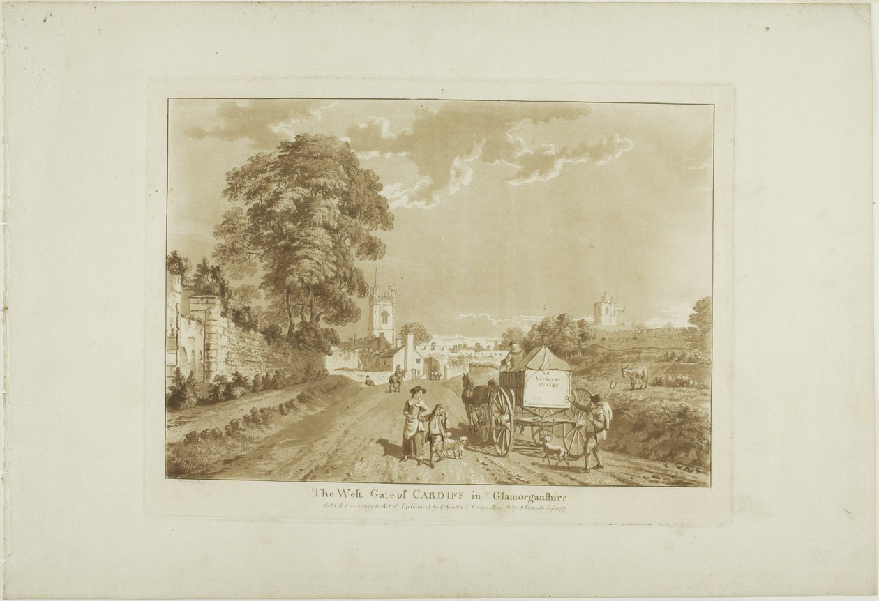 West Gate i Cardiff i Glamorshire, plansch ett från Twelve Views in Wales av Paul Sandby