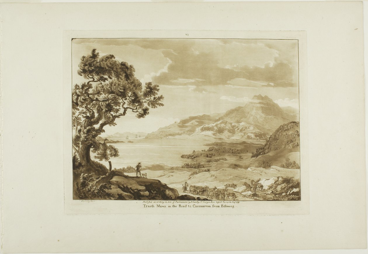 Traeth Mawr på vägen till Caernarvan från Fistiniog, plansch sex från Twelve Views in Wales av Paul Sandby