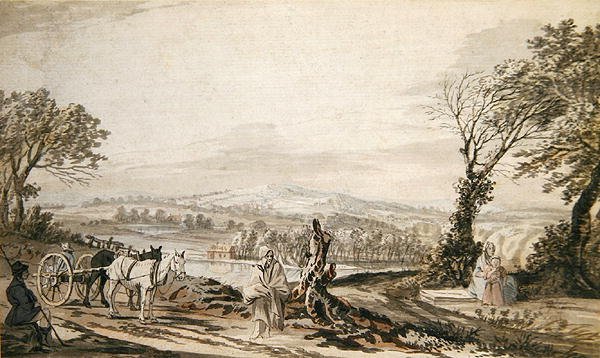 Resenärer som vilar vid en väg ovanför en floddal (penna, penna och bläck, bläcktvätt och akvarell på papper) av Paul Sandby