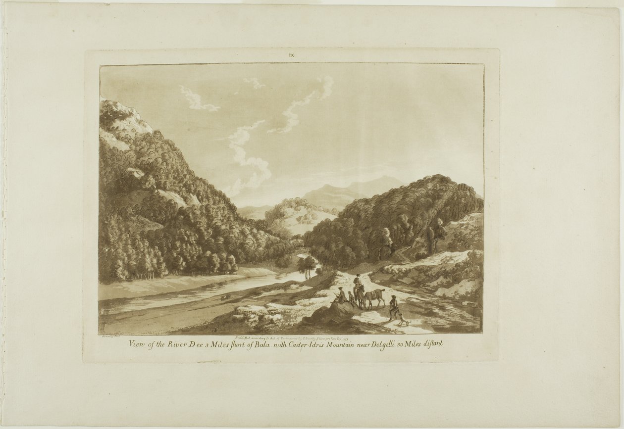 Utsikt över floden Dee 3 mil från Bala, med berget Cadar-Idris nära Dolgelli 30 mil bort, plansch nio från Twelve Views in Wales av Paul Sandby