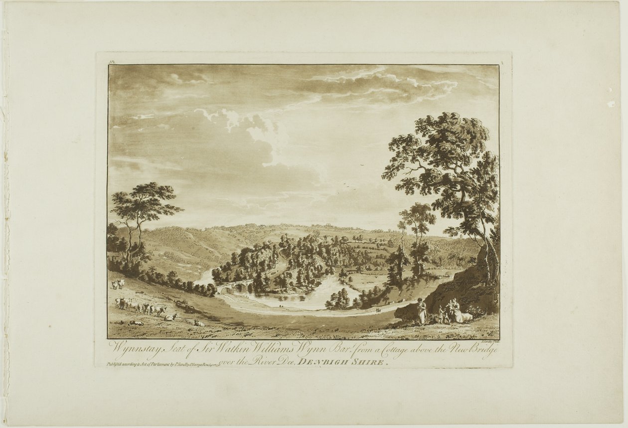 Wynnstay, säte för Sir Watkin Williams Wynn Bart från en stuga ovanför den nya bron över floden Dee, Denbigh Shire av Paul Sandby