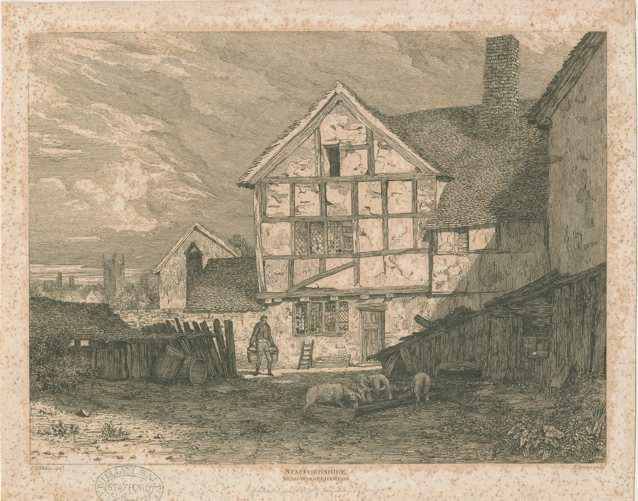 Wolverhampton - Ruinerna av ett korsvirkeshus: stålgravyr, nd [c 1815] av Paul Sandby Munn