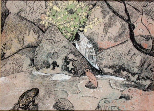 Landskap med en fågel och en padda (kol och pastell på papper) av Paul Sérusier