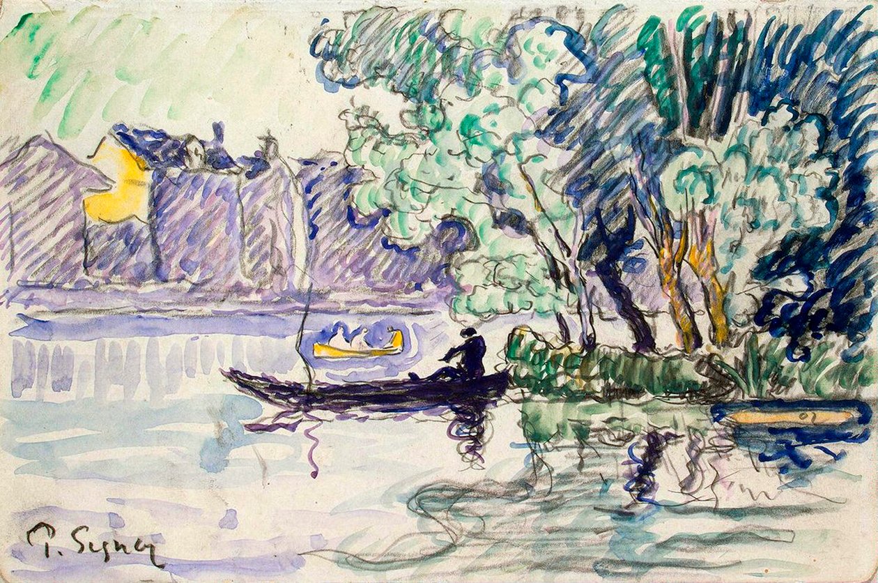 Fiskare i en båt nära en strand vid Seine, c1900 av Paul Signac