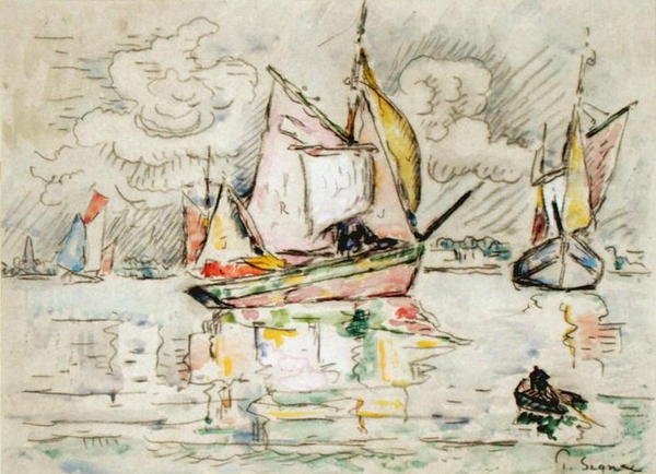 Fishing Boats (kol, akvarell och gouache på papper) av Paul Signac