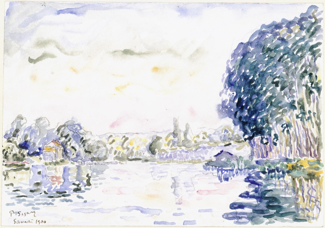 Flodlandskap med stuga och träd av Paul Signac