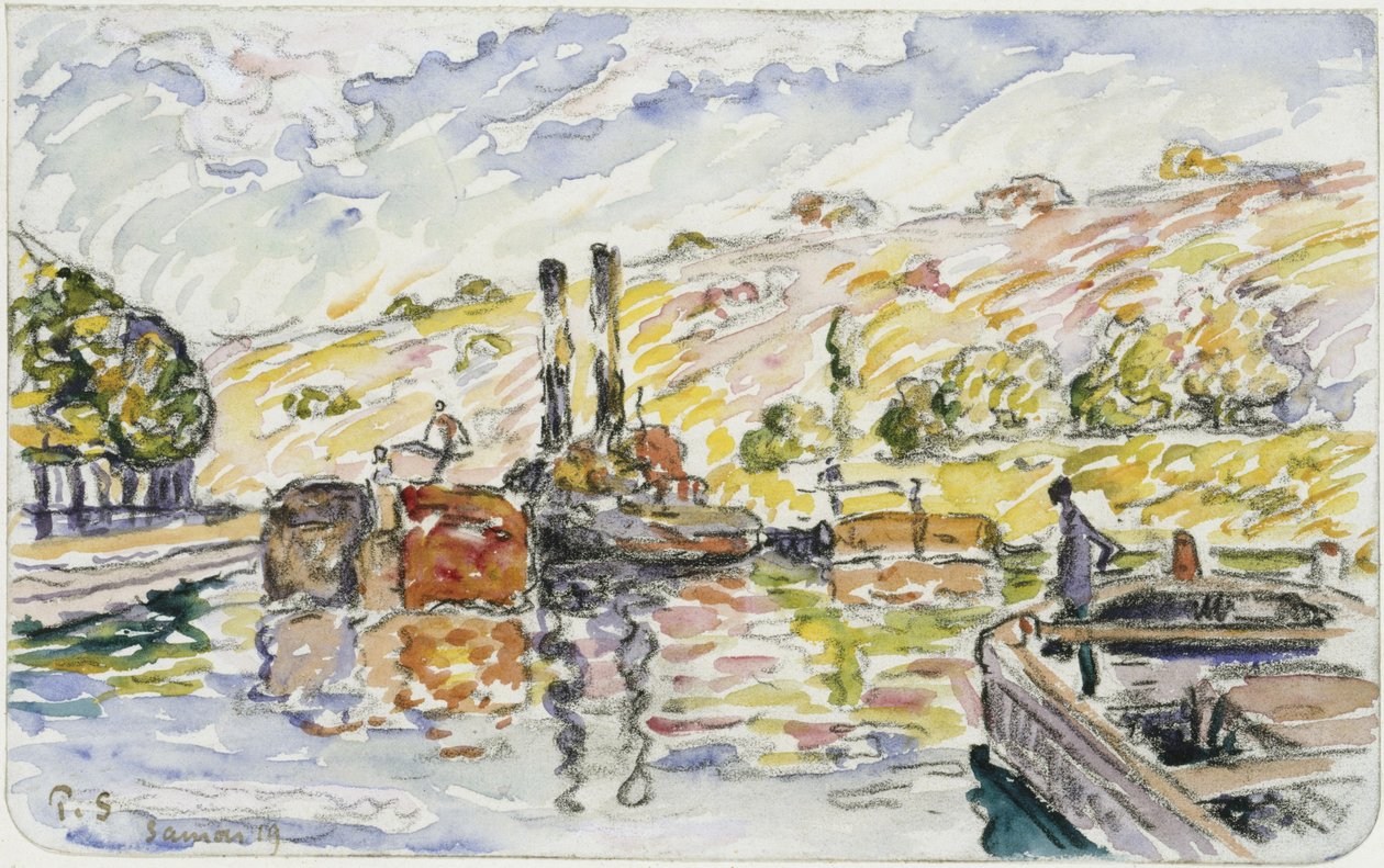 Flodlandskap med bogserbåtar och pråmar av Paul Signac