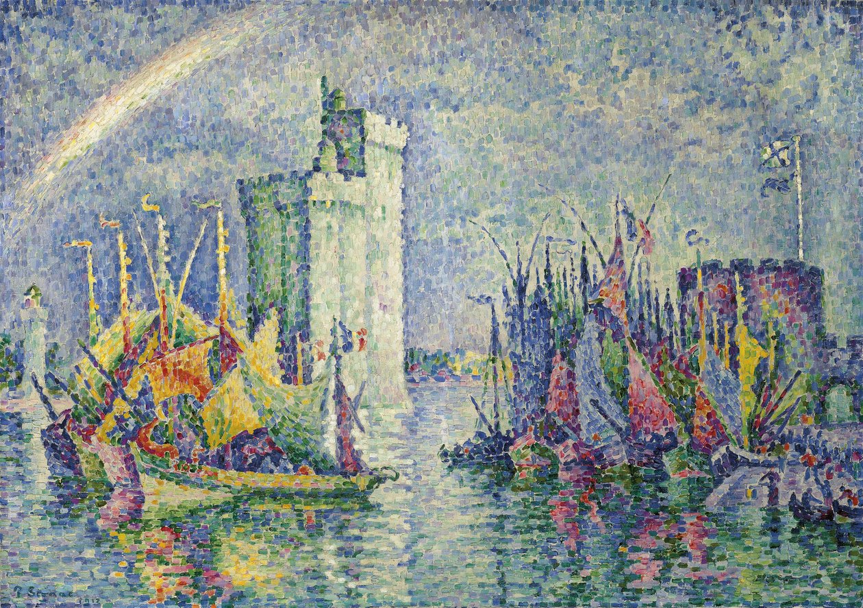 Regnbåge vid hamnen i La Rochelle; Rainbow, La Rochelle, hamnen, 1912 av Paul Signac