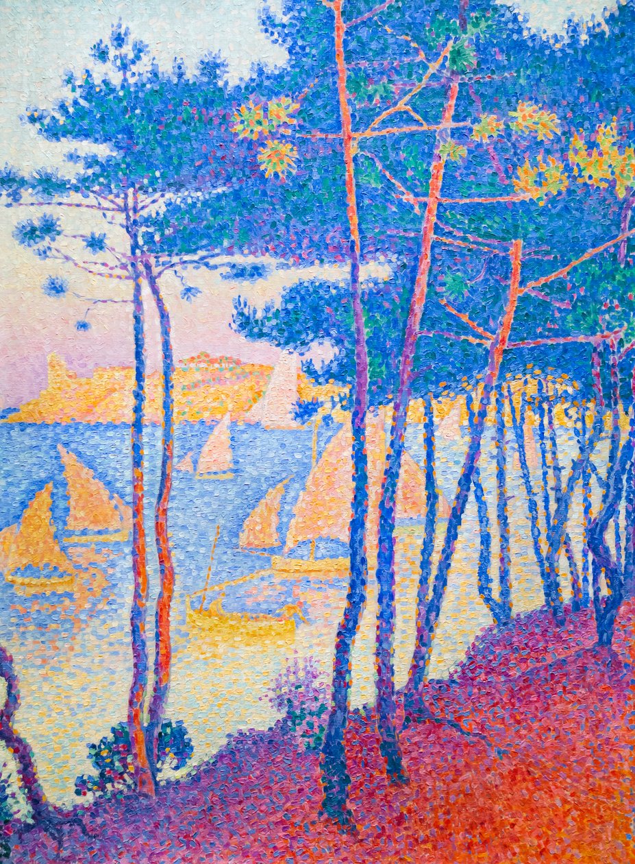 Segelbåtar och tallar, ca. 1896 (olja på duk) av Paul Signac