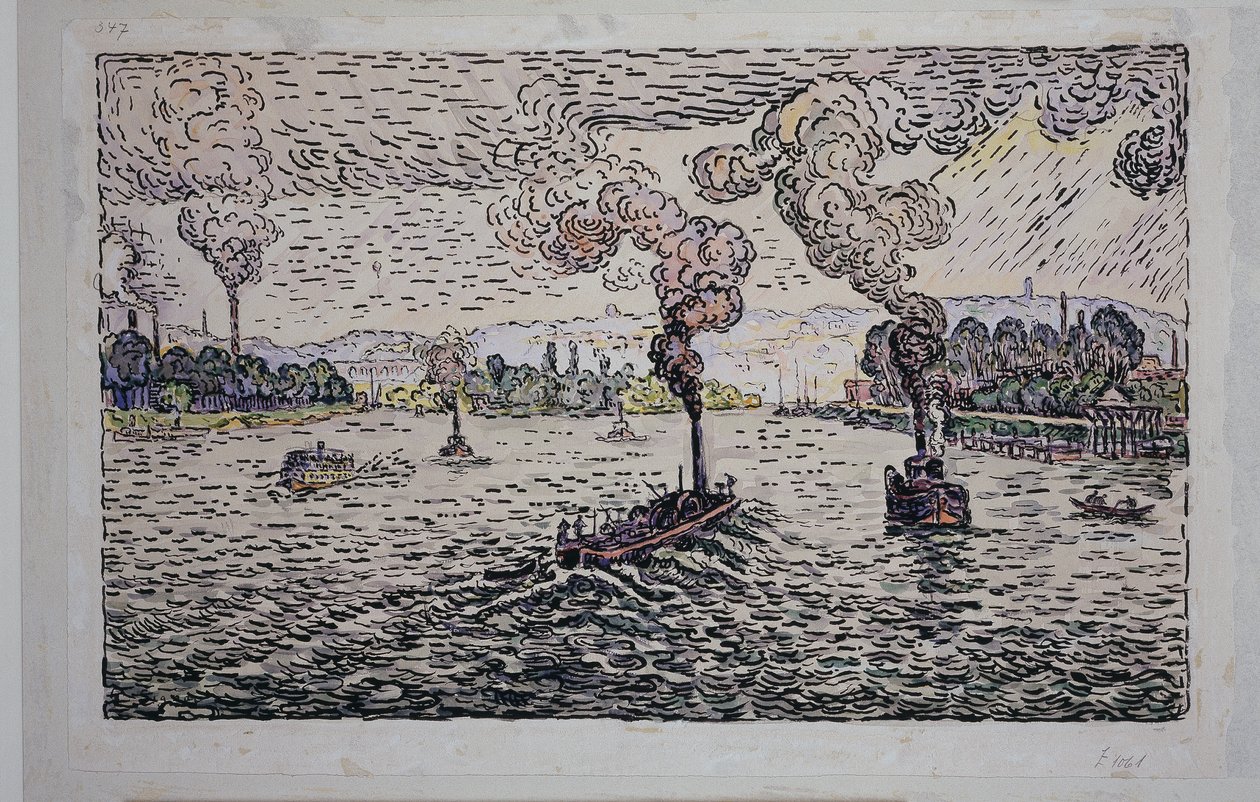 Seine med ångbåtar av Paul Signac