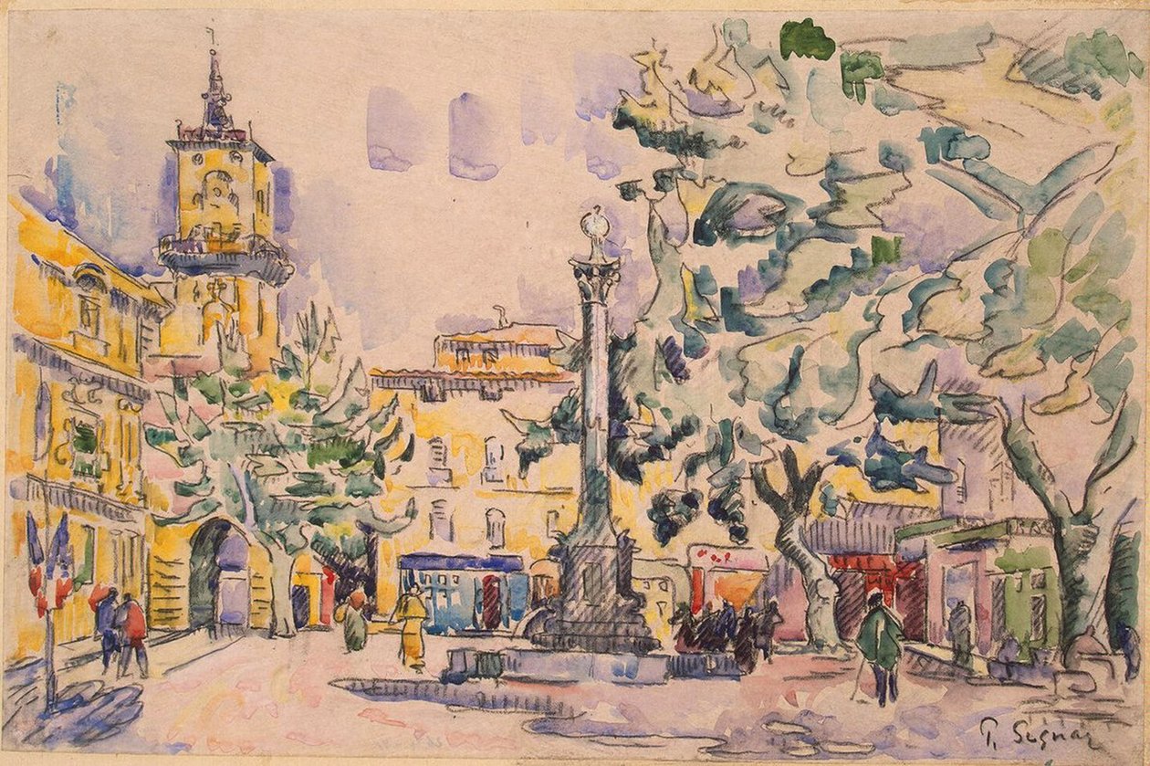 Torget på Hotel de Ville i Aix-en-Provence (penna och bläck med akvarell och gouache på papper) av Paul Signac