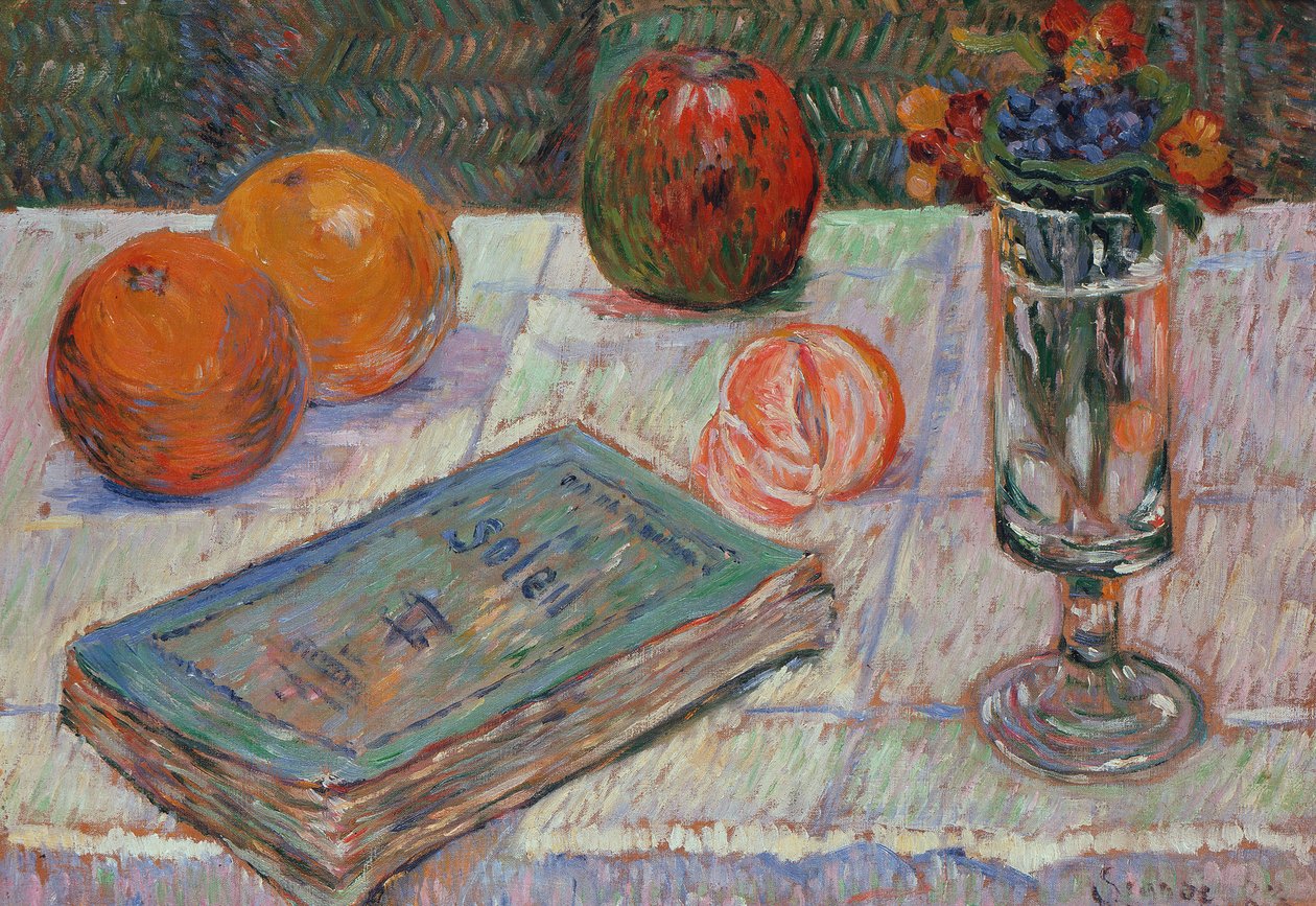 Stilleben med en bok och apelsiner av Paul Signac