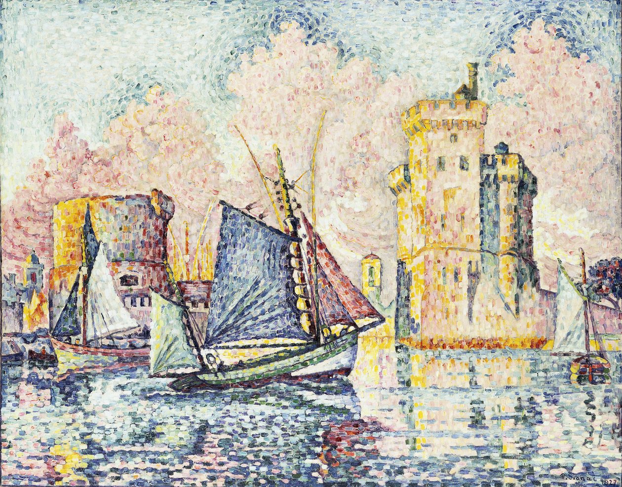 Tonfiskbåt som anlöper hamnen i La Rochelle, miljö; Tonfiskbåten anlöper hamnen i La Rochelle, Couchant, 1927 av Paul Signac