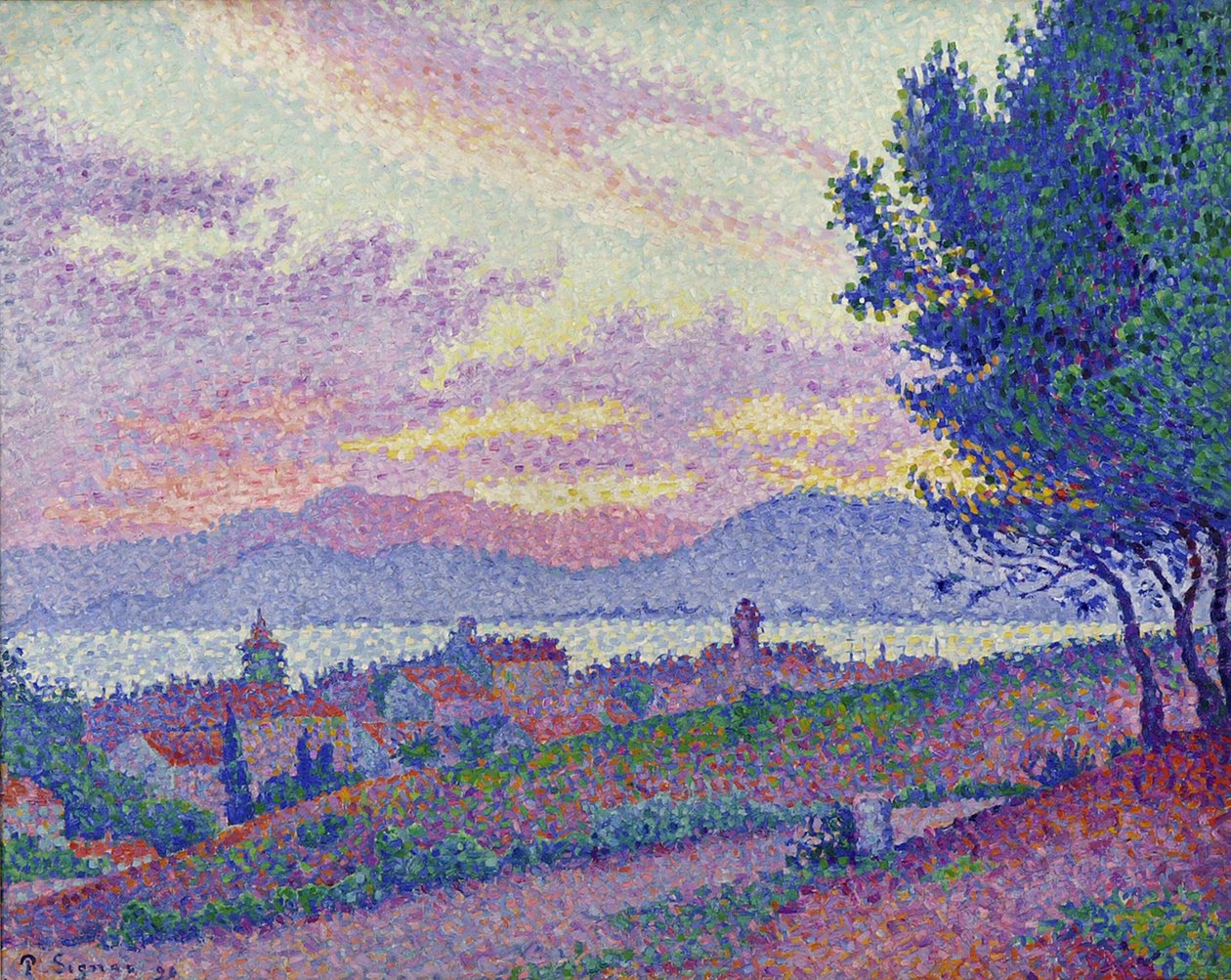 Utsikt över Saint-Tropez, solnedgång över tallskog, 1896. av Paul Signac