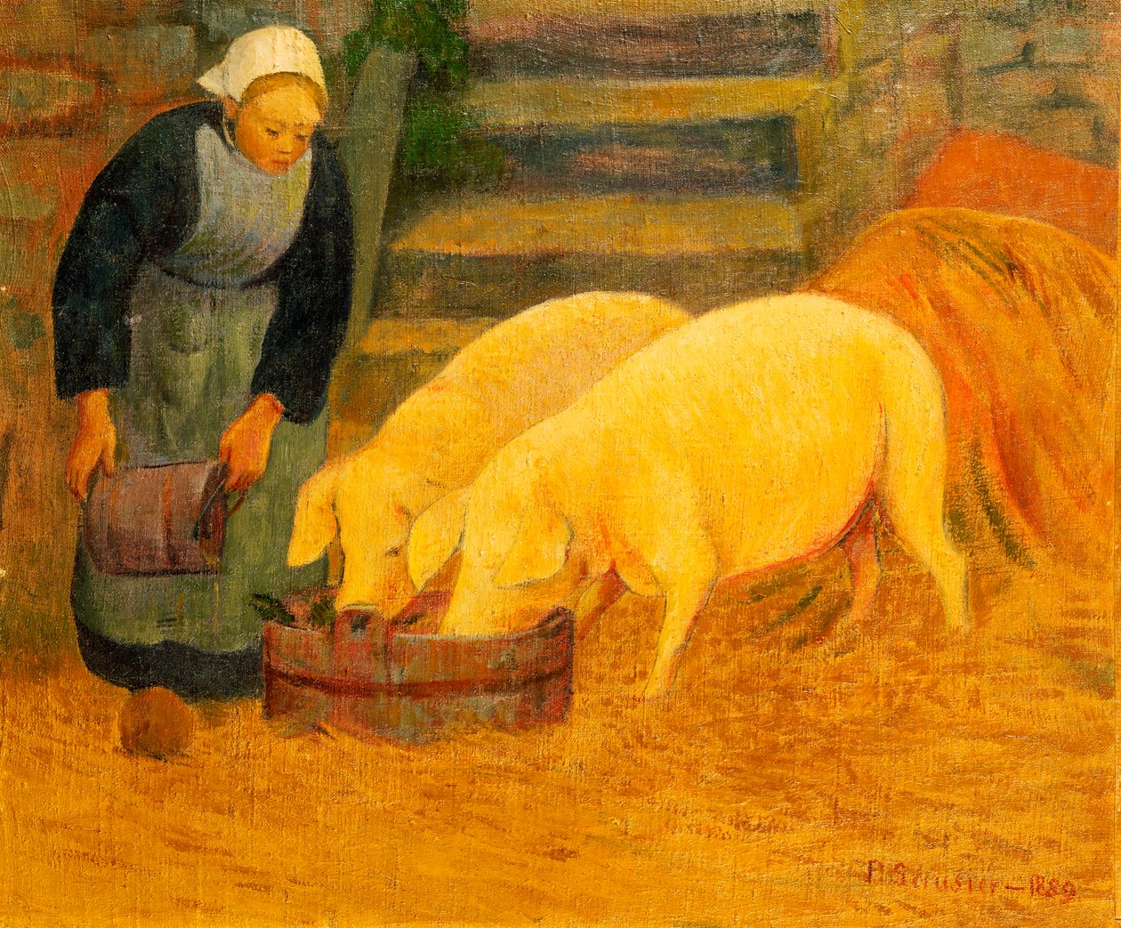En ung flicka som matar två grisar, 1889 av Paul Sérusier