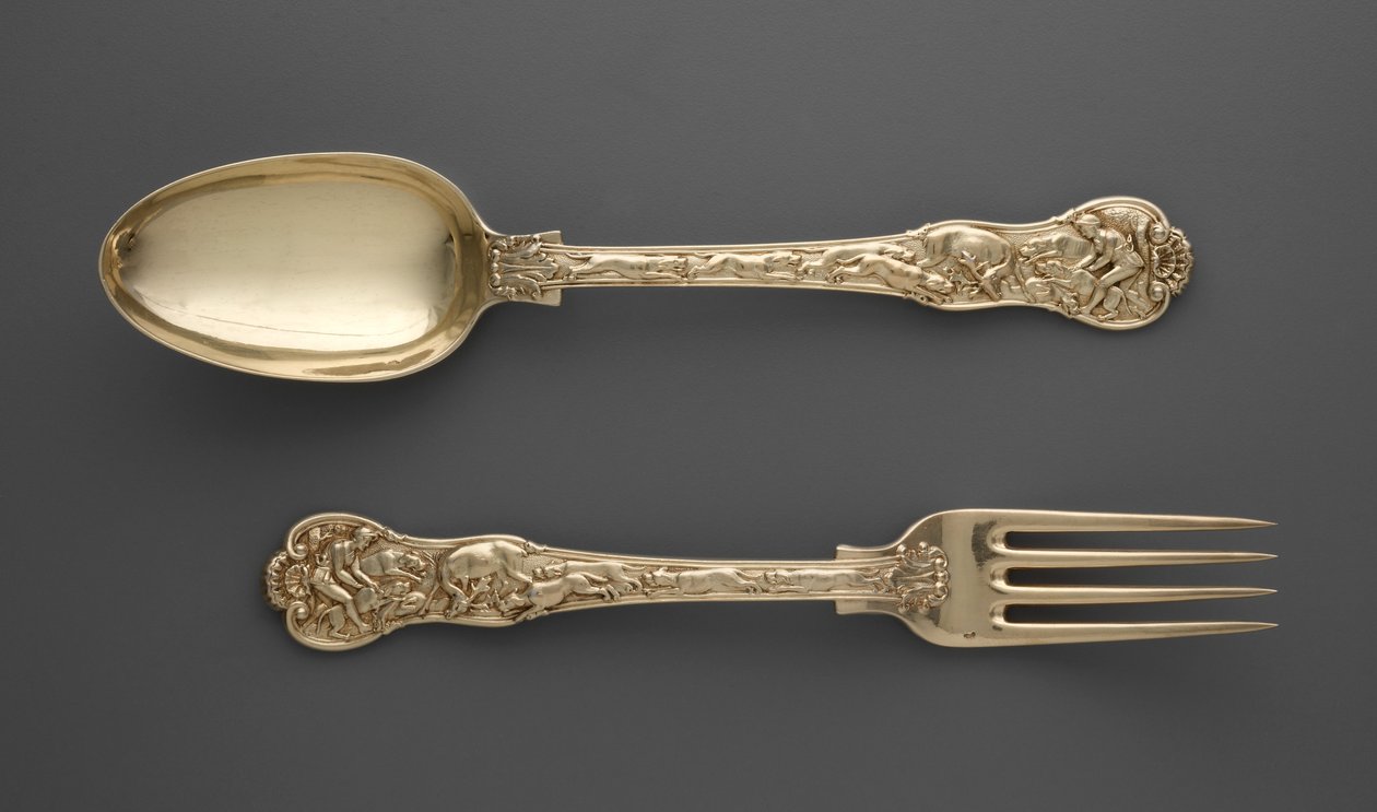 Dessertgaffel med jaktscener och dessertsked med jaktscener, ca 1822 av Paul Storr