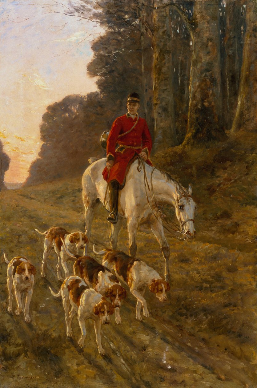 En jägare med sina hundar (olja på duk) av Paul Tavernier