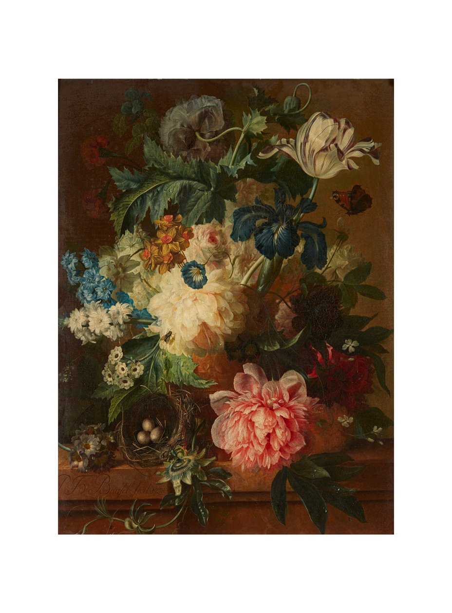 Stilleben av vårblommor i en fotad urna (olja på duk) av Paul Theodor van Brussel