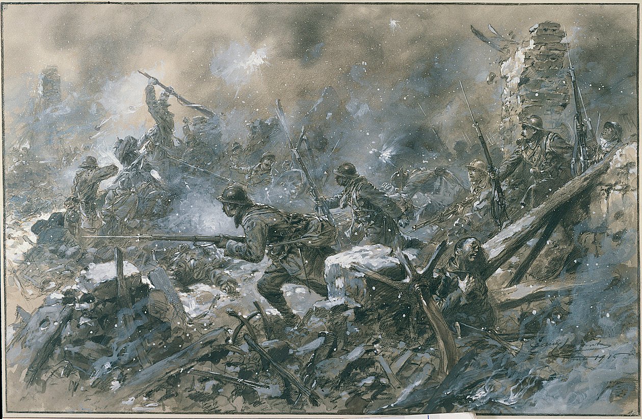 Första världskriget (1914-1918): ”” En motattack i byn Vaux 1916 på framsidan av Verdun””” Akvarell av Paul Thiriat Paris. Musee, Des deux guerre mondiale DR - Fransk motattack vid byn Vaux nära Verdun av Paul Thiriat