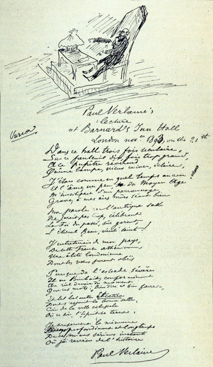 Dikttecken av den franske poeten Paul Verlaine (1844-1896) med skiss på företrädaren under en uppläsning. 21/11/1893 av Paul Verlaine