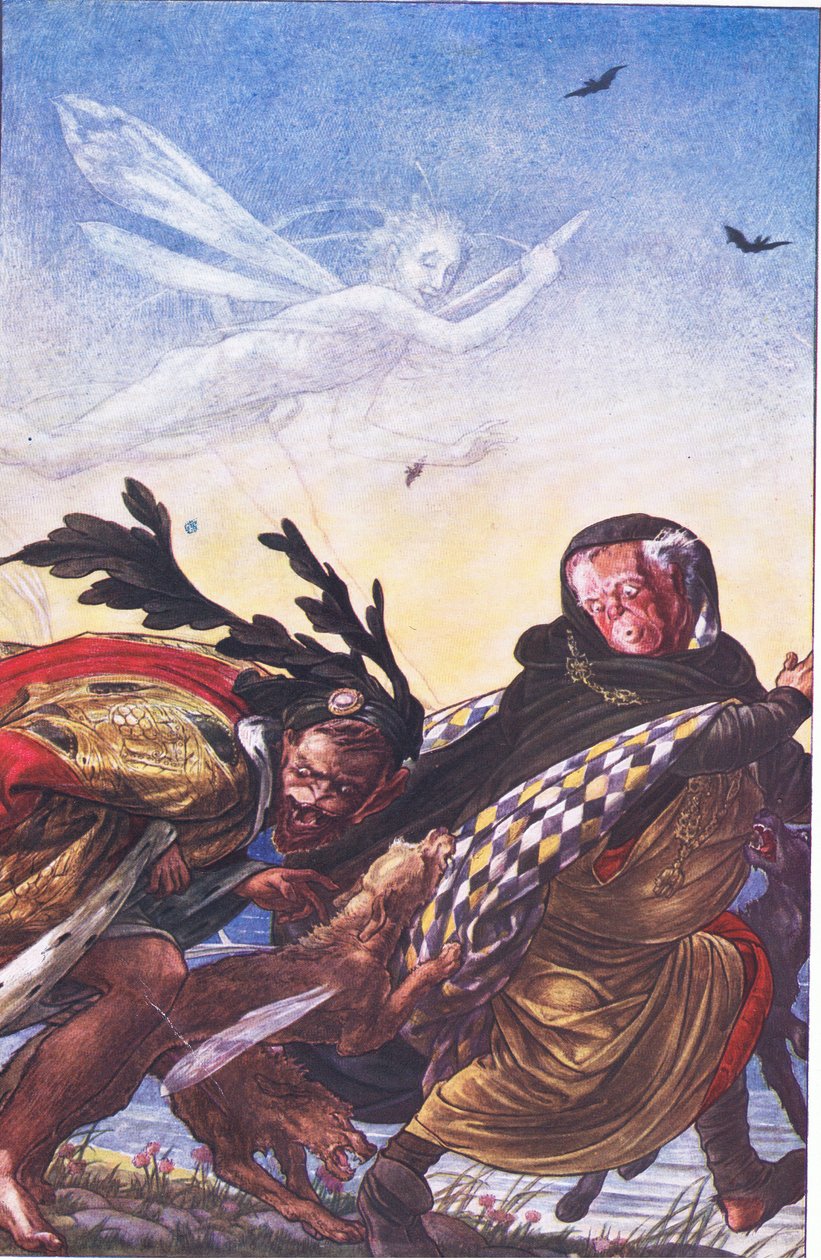 Raseri! Raseri! Tre, tyrann, där Hark! Hark!, illustration från The Tempest, 1908 av Paul Vincent Woodroffe