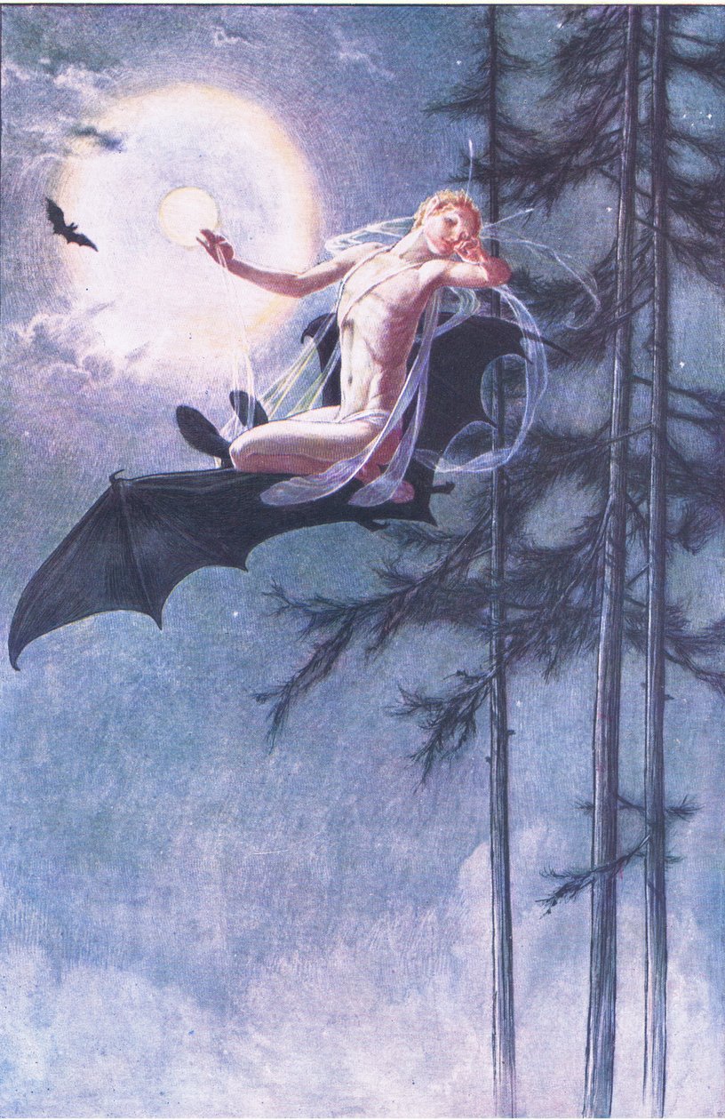 På fladdermusens rygg flyger jag, illustration från The Tempest, 1908 av Paul Vincent Woodroffe