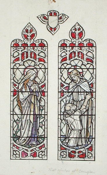 Fönsterdesigner föreställande St. Maria Magdalena och Kristus med St. Peter för Claverton Parish Church av Paul Vincent Woodroffe