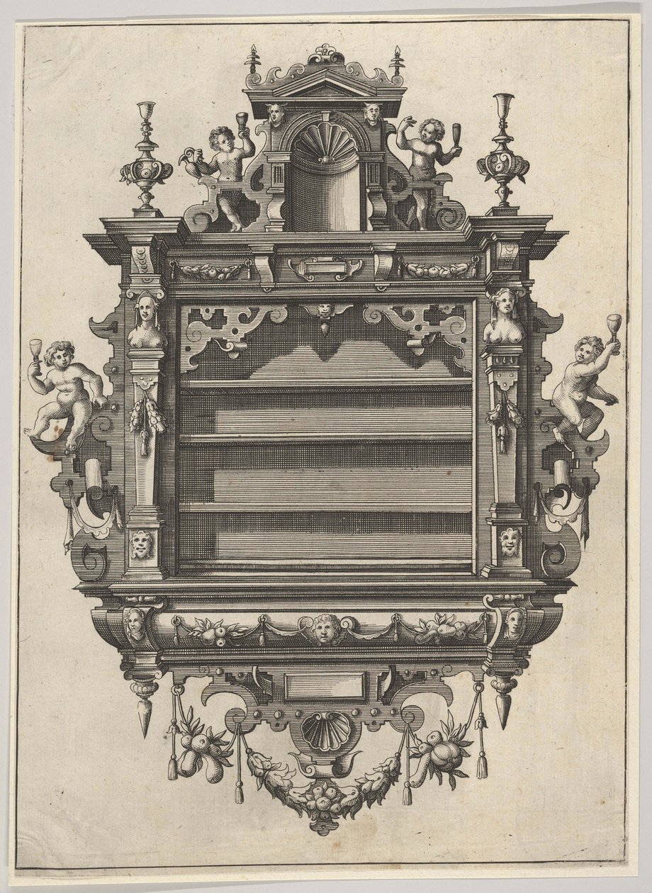 Väggmonterad hylla från Verscheyden Schrynwerck ... [Plusieurs Menuiseries ...], 1658. av Paul Vredeman de Vries