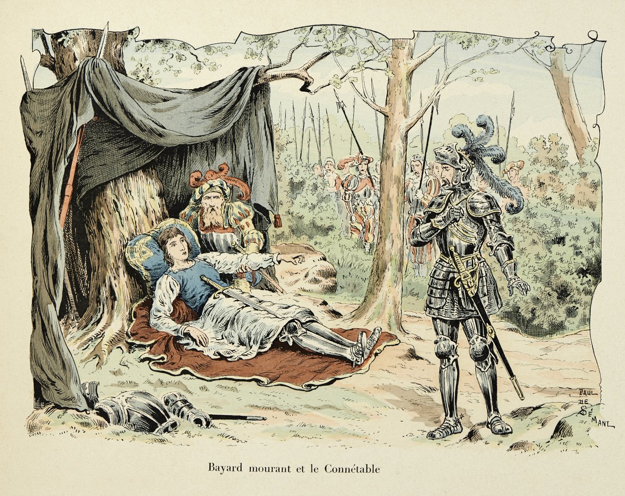 Illustration hämtad från boken "Histoire du chevalier Bayard" av Theodore Cahu, illustrerad av Paul De Semant (1855-1915): Bayard dying and Le Connetable de Bourbon 1524 av Paul de Semant